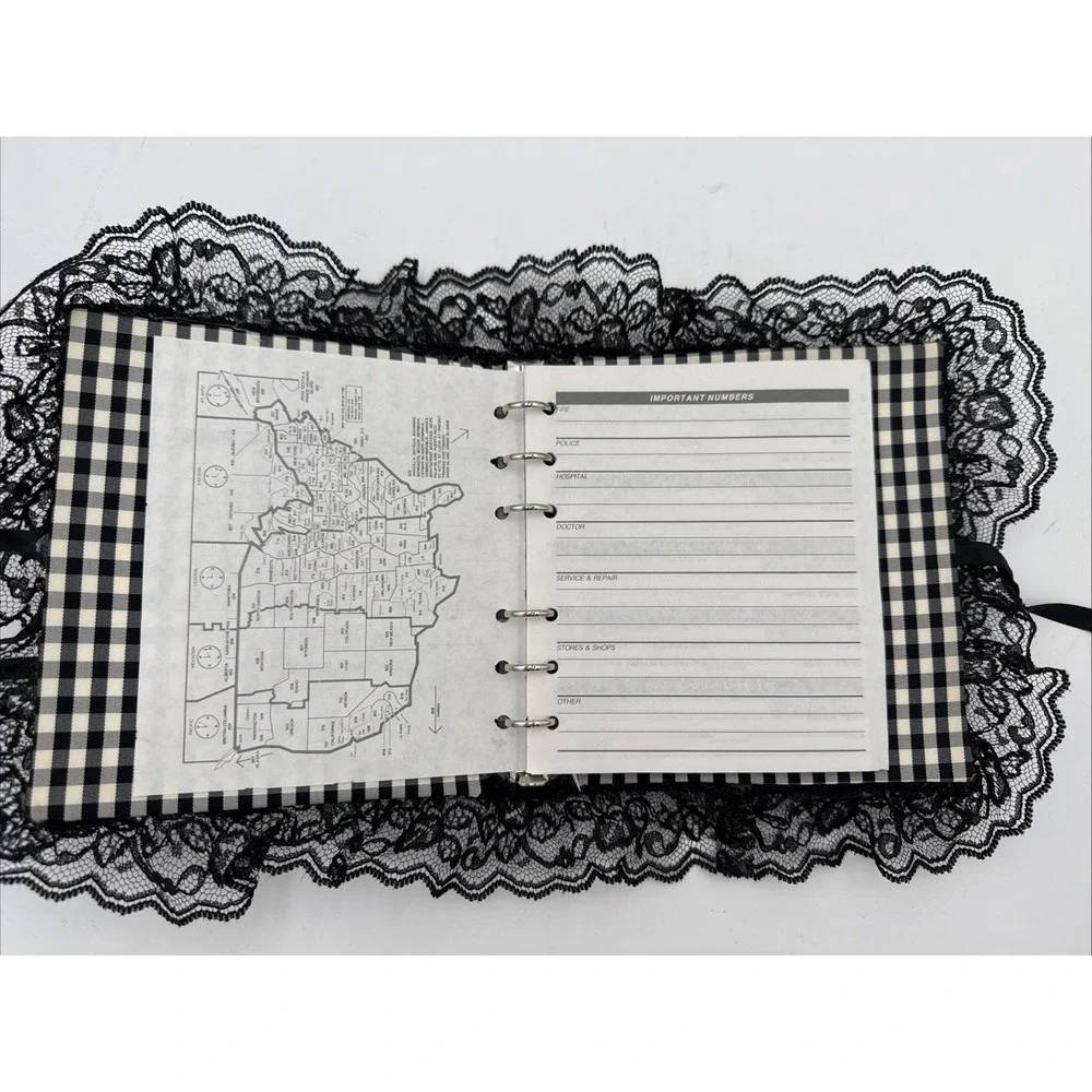 Vintage 1990s Black White Gingham Lace Address Book Cameo Victorian Gothic NOS‎